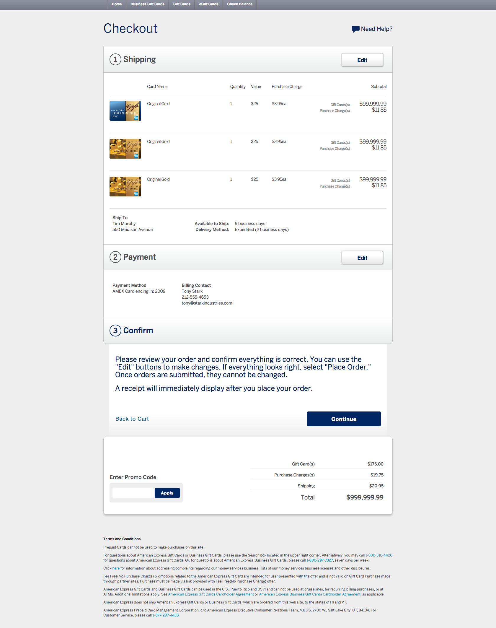 Busines to consumer order confimation for logged in amex cardholders