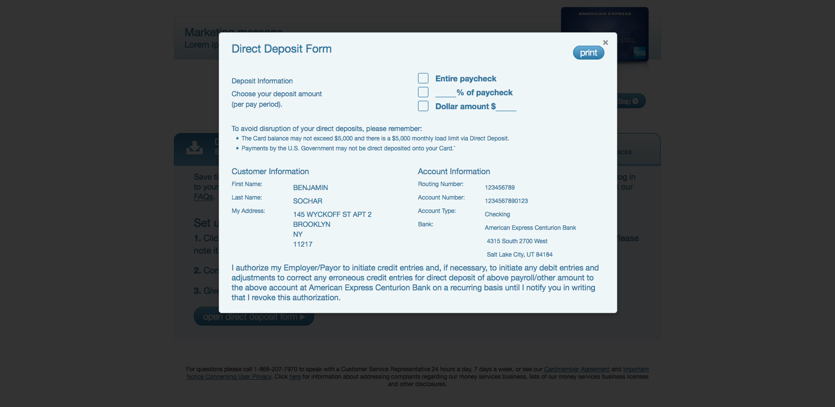 Users can add funds to their card with a printable direct desposit form